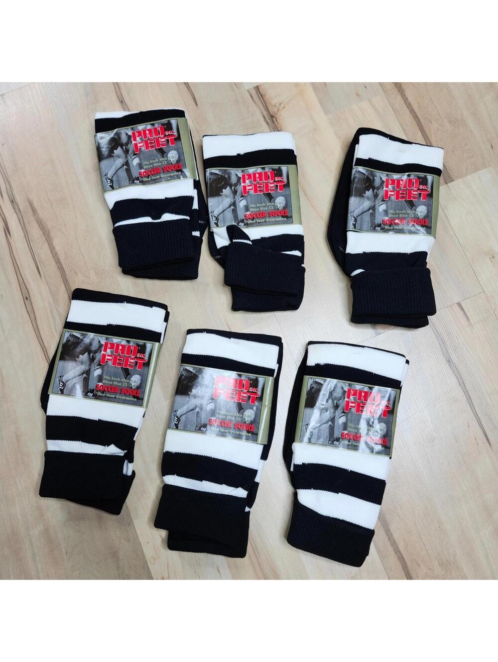 6 Pro Feet Soccer Socks Black White Striped Fits Shoe Size 12 1/2-4